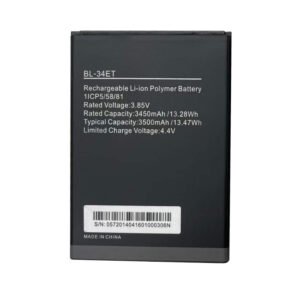 BL-34ET 3500mAh 3.85V Li-ion Polymer replacement battery for Tecno Pop 3 BB2, front view showing battery surface and small 2-pin connector