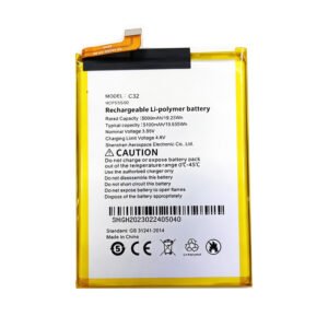 C32 5100mAh 3.85V Li-ion Polymer replacement battery for CUBOT P60, front view showing battery surface and small 2-pin connector