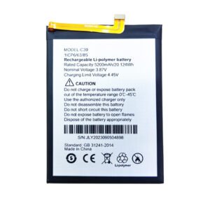 C39 5200mAh 3.87V Li-ion Polymer replacement battery for CUBOT X70, front view showing battery surface and small 2-pin connector
