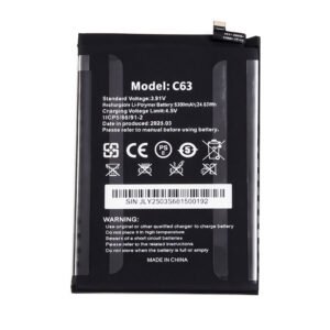 C63 6300mAh 3.91V Li-ion Polymer replacement battery for OUKITEL C63, front view showing battery surface and small 2-pin connector