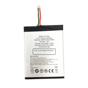 G3-Tab 6000mAh 3.8V Li-ion Polymer replacement battery for UMIDIGI G3 Tab tablet, front view showing battery surface and small 2-pin connector