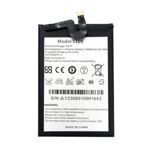 S109 10000mAh 3.87V Li-ion Polymer replacement battery for Oukitel WP22, front view showing battery surface and small 2-pin connector