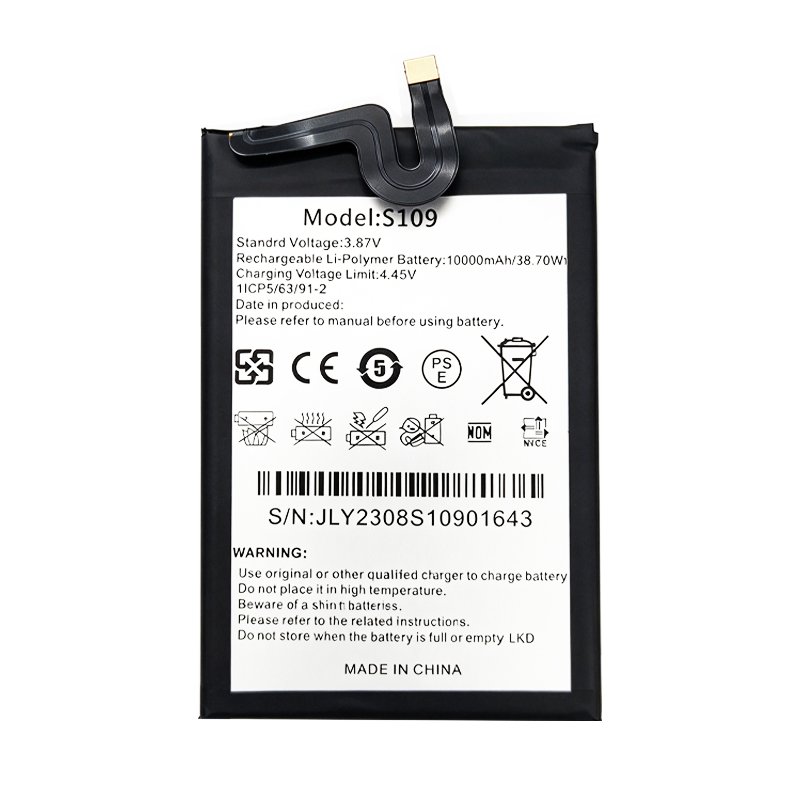 S109 10000mAh 3.87V Li-ion Polymer replacement battery for Oukitel WP22, front view showing battery surface and small 2-pin connector