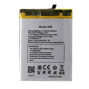 S89 15600mAh 3.87V Li-ion Polymer replacement battery for Oukitel WP15, front view showing battery surface and small 2-pin connector