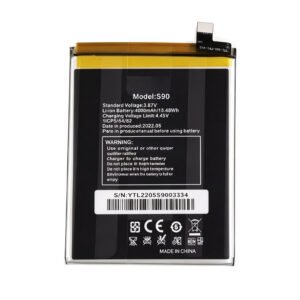 S90 4000mAh 3.87V Li-ion Polymer replacement battery for OUKITEL S90 and C21Pro, front view showing battery surface and small 2-pin connector