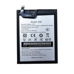 S98 6300mAh 3.87V Li-ion Polymer replacement battery for Oukitel WP20, front view showing battery surface and connector