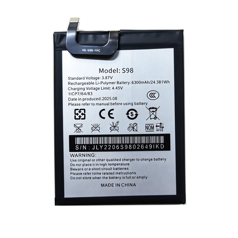S98 6300mAh 3.87V Li-ion Polymer replacement battery for Oukitel WP20, front view showing battery surface and connector